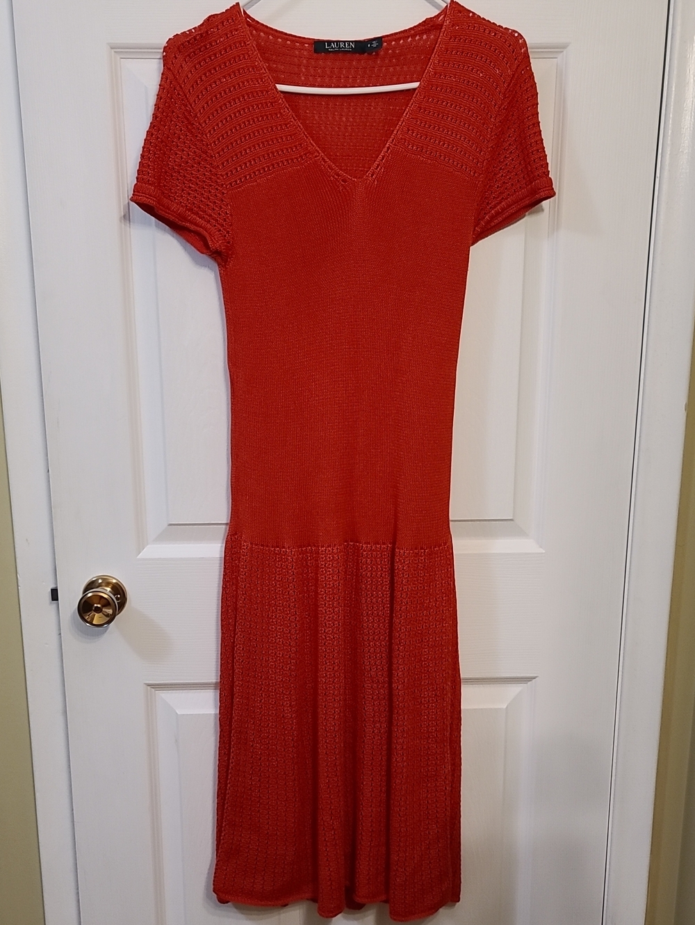 Ralph Lauren Red Pointelle Knit Midi Dress V-Neck Short Sleeve Cotton Viscose